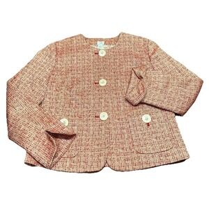 J. Jill Go-Lightly Tweed Jacket Red Cream Vintage Style Retro Buttons Women's 12